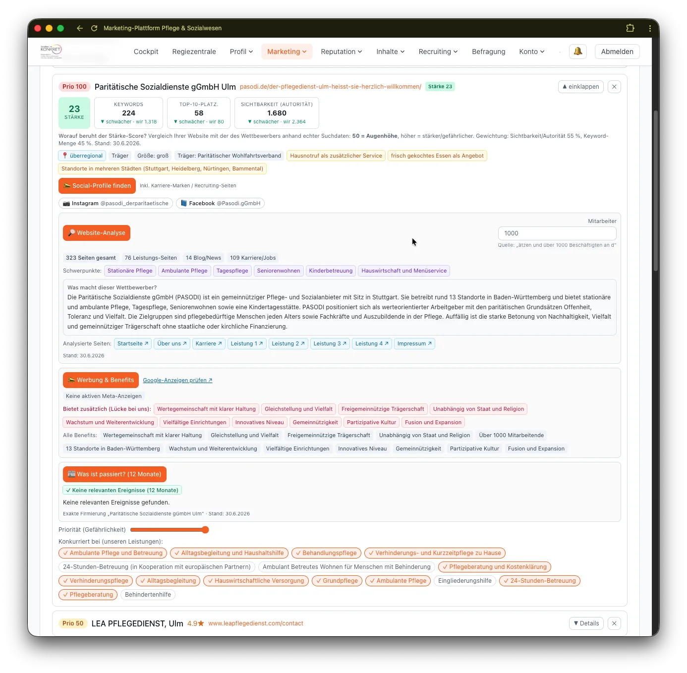 fokus>KI Wettbewerbsanalyse: Stärke-Score, Keywords, Sichtbarkeit, Benefits-Lücken und Werbeanzeigen eines Wettbewerbers im Vergleich